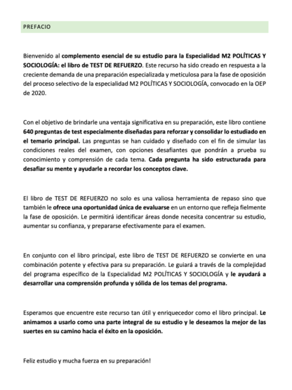 Prefacio del TEST DE REFUERZO Especialidad M2 POLÍTICAS Y SOCIOLOGÍA