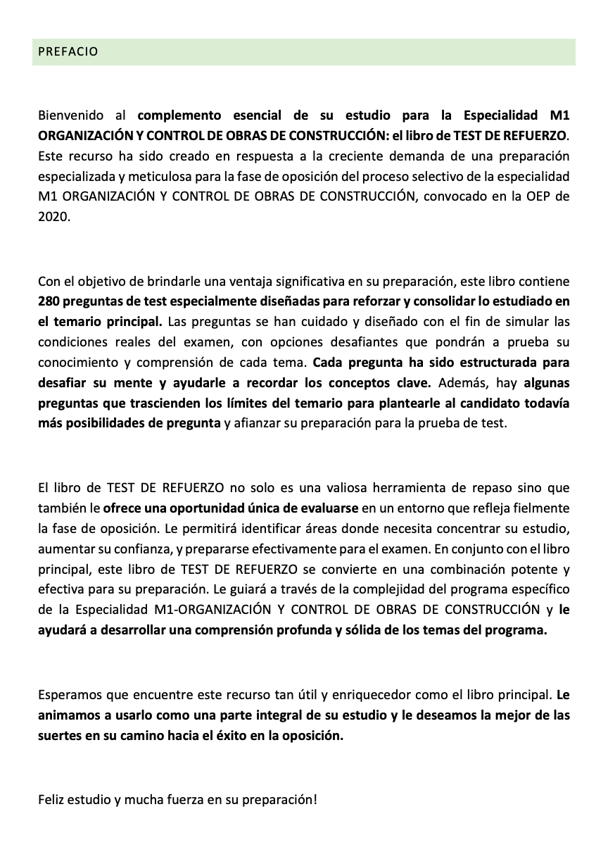 Prefacio del TEST DE REFUERZO Especialidad M1 ORGANIZACIÓN Y CONTROL DE OBRAS DE CONSTRUCCIÓN