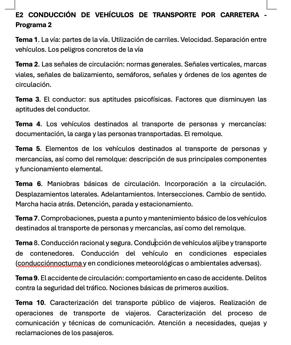 Programa Especialidad E2 CONDUCCIÓN DE VEHÍCULOS DE TRANSPORTE POR CARRETERA - Programa 2