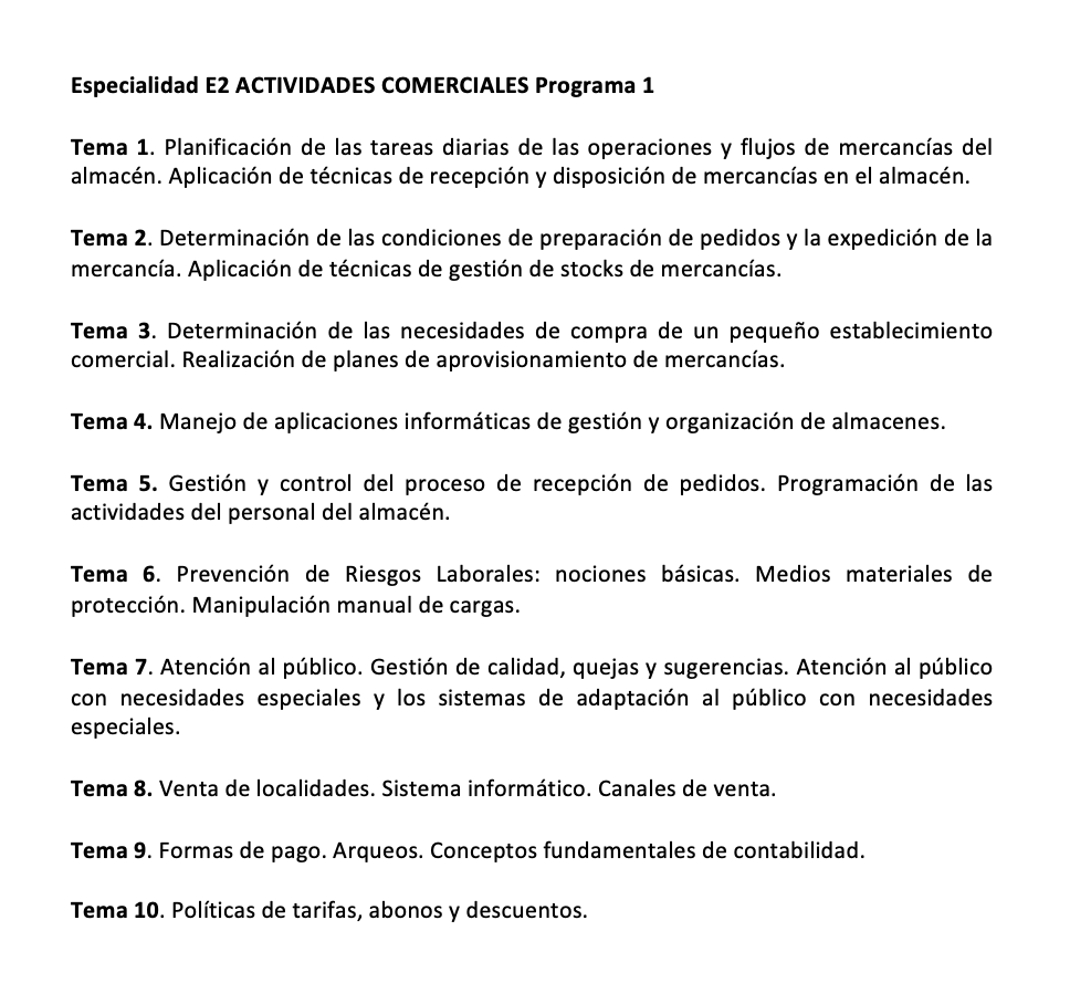 Programa de la Especialidad E2 ACTIVIDADES COMERCIALES Programa 1
