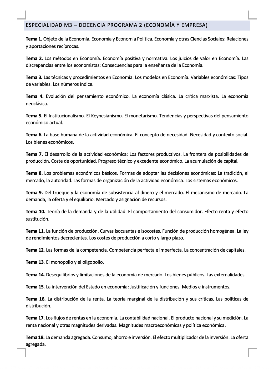 Programa de la Especialidad M3 DOCENCIA Programa 2 (Economía y Empresa) 1/3